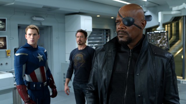 Still from "The Avengers" with Chris Evans, Robert Downey Jr. and Samuel L. Jackson