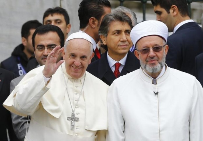 Pope Francis is welcomed by mufti of Istanbul Rahmi Yaran