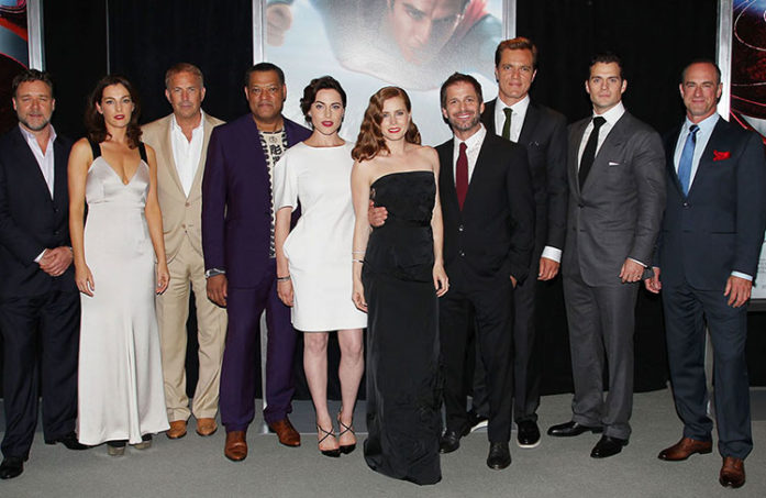 From left to right: Russel Crowe, Ayelet Zurer, Kevin Costner, Laurence Fishburne, Antje Traue, Amy Adams, Zack Snyder, Michael Shannon, Henry Cavill, and Cristopher Meloni