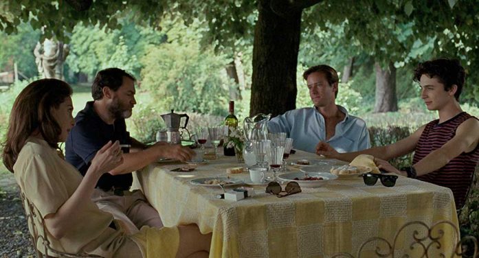Amira Casar, Michael Stuhlbarg, Armie Hammer, and Timothée Chalamet in Call Me by Your Name