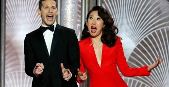 Andy Samberg and Sandra Oh, two funny but politically correct hosts