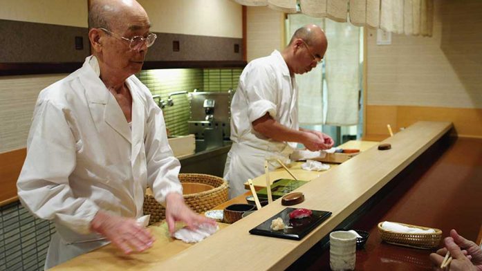 Jiro Ono with one of his sons in another cooking movie